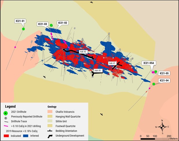 Figure 2. Plan map showing drillholes reported in this press release relative to historic drilling and resource boundary.